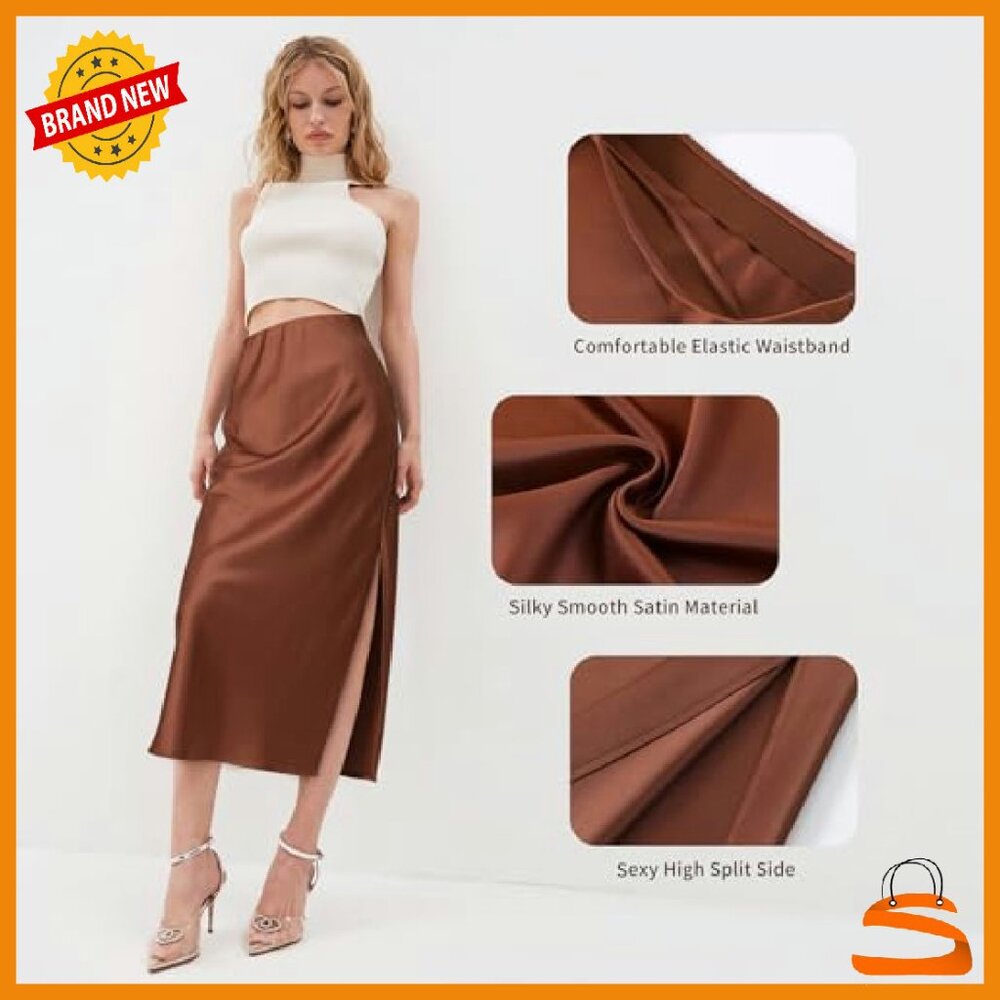 Satin Midi Skirt High Waist Elastic A-Line Slit Flowy Summer - Picture 6 of 7